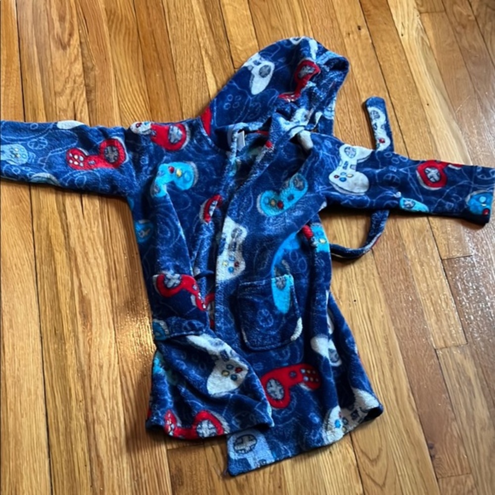 Kids size small Blue Hooded Robe with Game Controller Prints